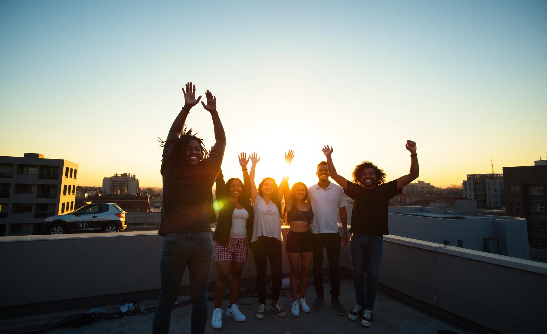Group of young African Americans celebrating on a rooftop