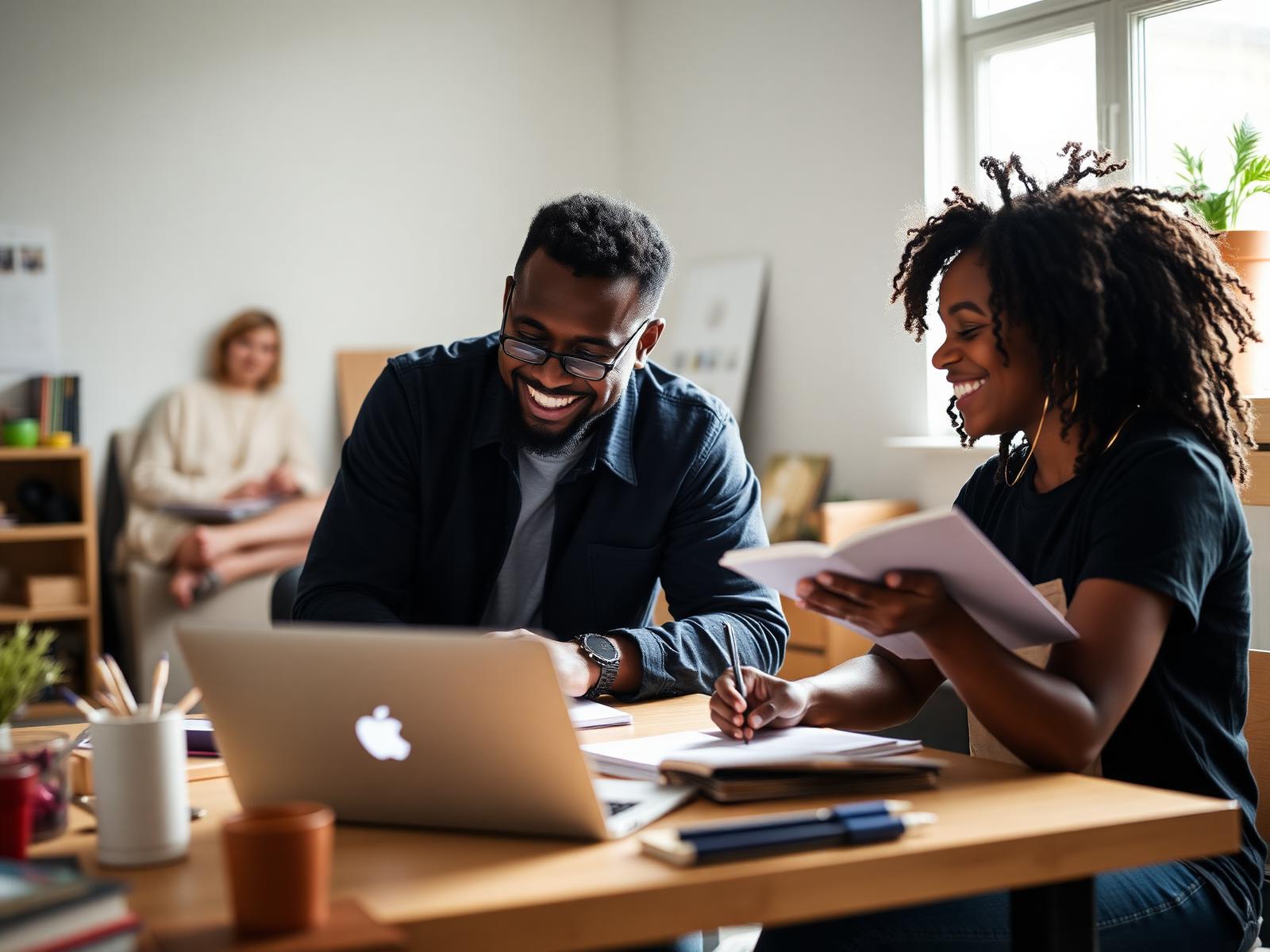 Black mentor and teenage student working together